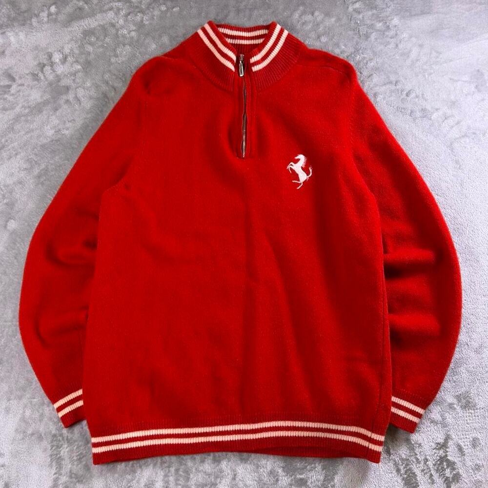 Ferrari Sweater Unisex XL Red White 1/4 Zip 100% Wool Pullover Made in Italy